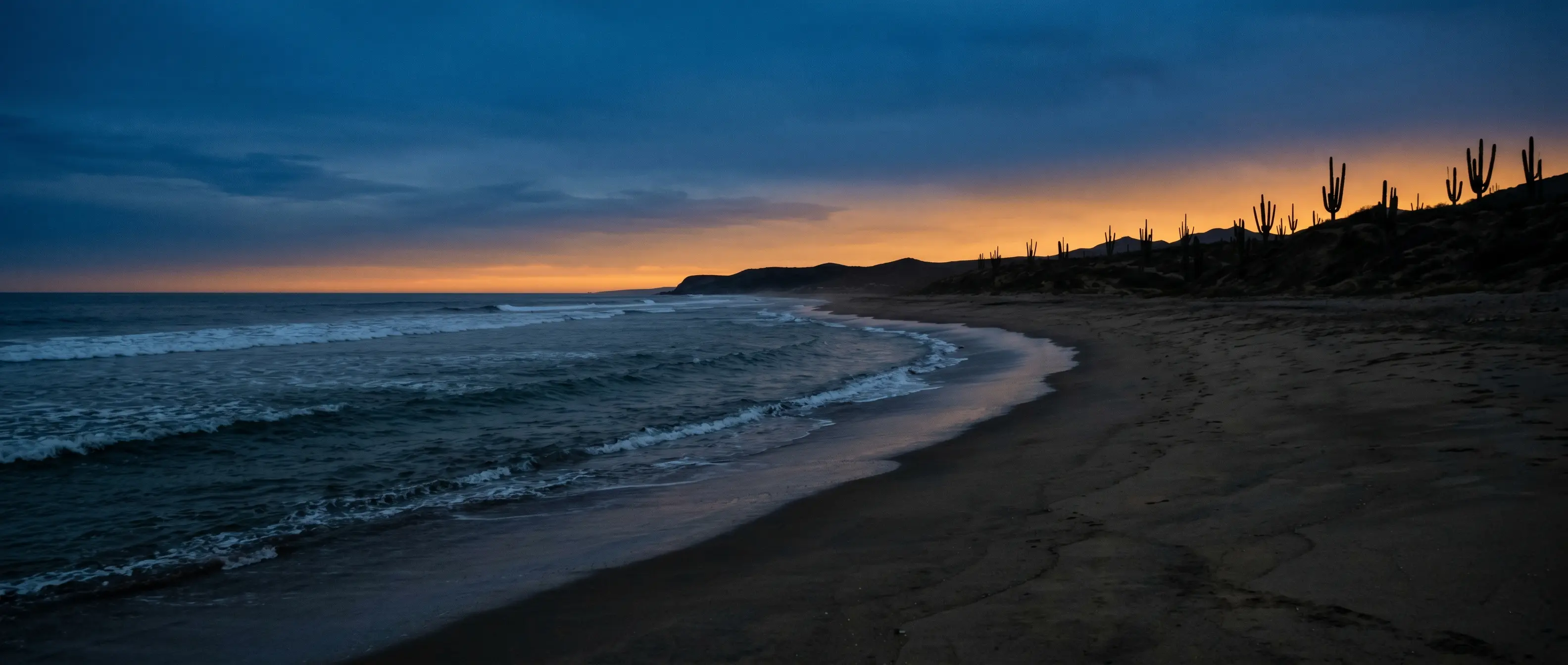 Blue-hour Pacific shoreline near Todos Santos, Baja California Sur