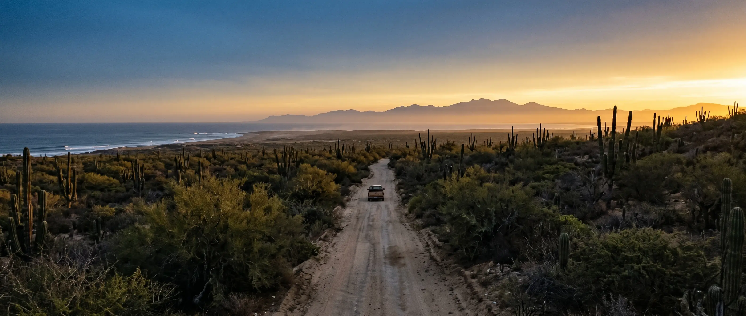 Desert road leading toward the coast near Todos Santos